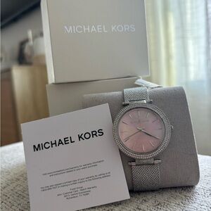 Michael Kora Darci Crystals Pink Dial Silver Band 39mm Watch MK4518